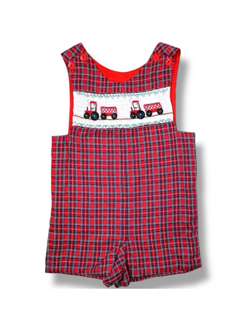 Vintage Toddler Boy Plaid Farm Tractor Smocked Shortalls Romper Outfit 3T